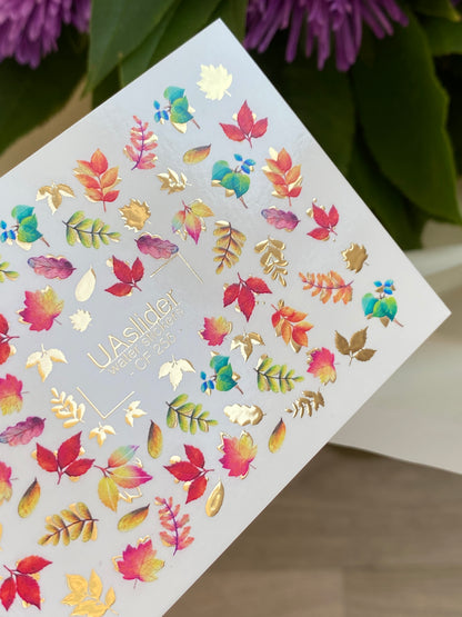 Nail Water Decal CF-255 | Autumn Water Slide Nail Decals | Multicolor Leaves with Gold Foil