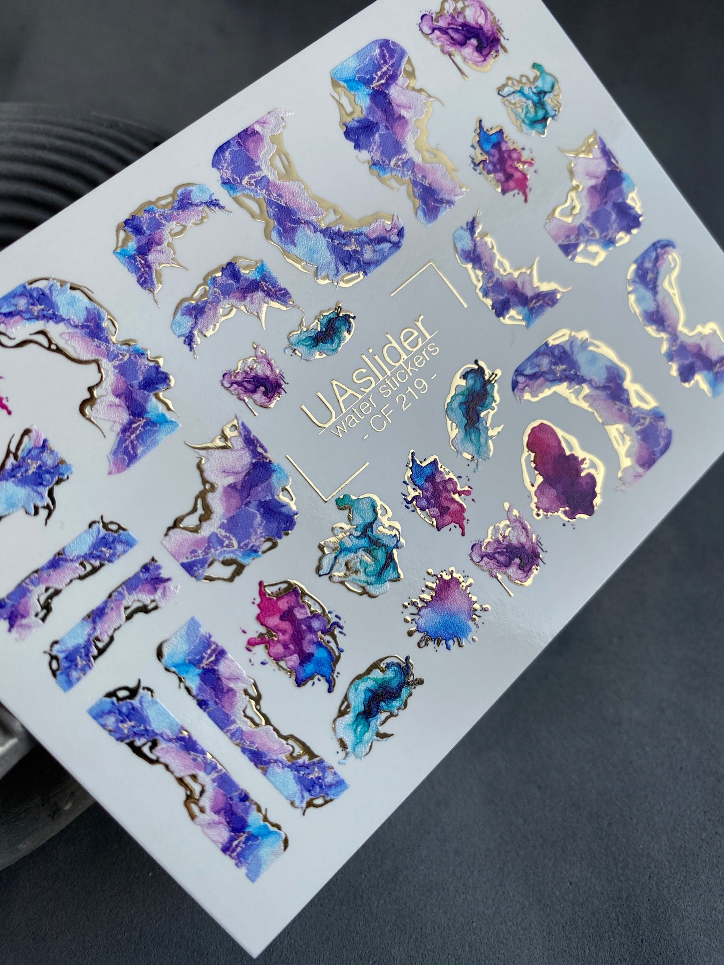 Nail Water Decal CF-219 | Abstract Water Slide Nail Decals | Purple & Blue Ink Effect with Gold
