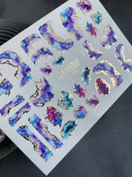 Nail Water Decal CF-219 | Abstract Water Slide Nail Decals | Purple & Blue Ink Effect with Gold - UASLIDER