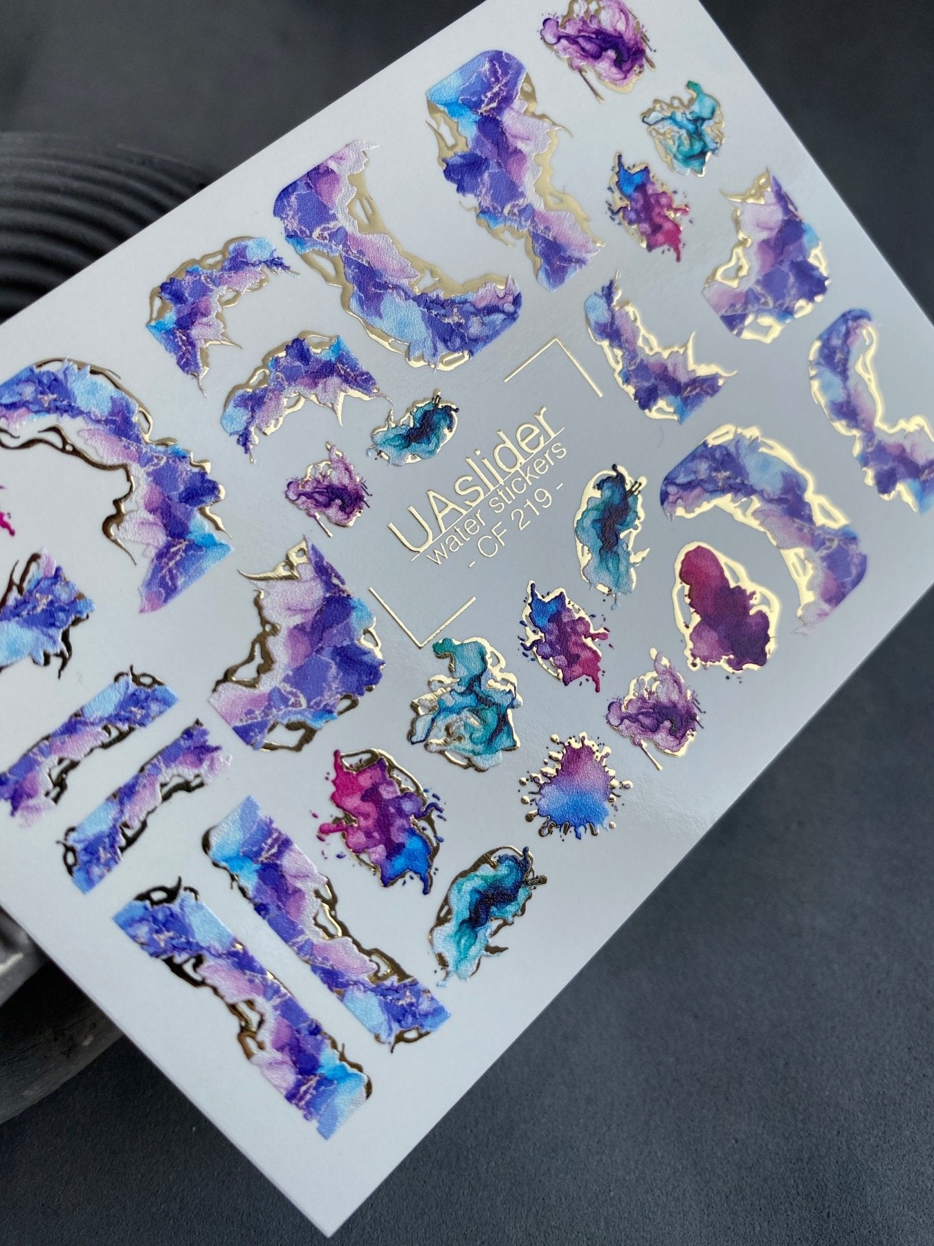 Nail Water Decal CF-219 | Abstract Water Slide Nail Decals | Purple & Blue Ink Effect with Gold - UASLIDER