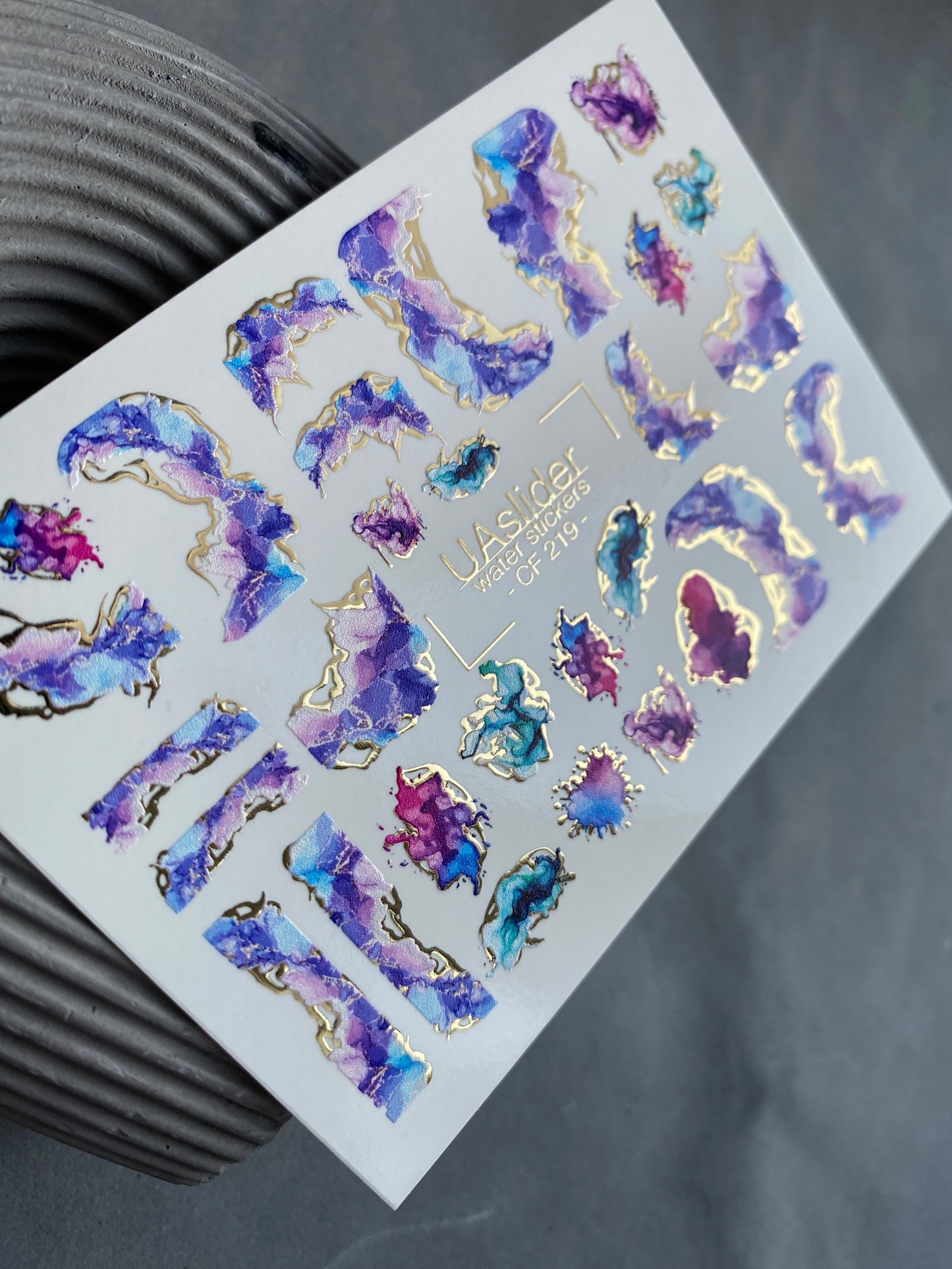 Nail Water Decal CF-219 | Abstract Water Slide Nail Decals | Purple & Blue Ink Effect with Gold