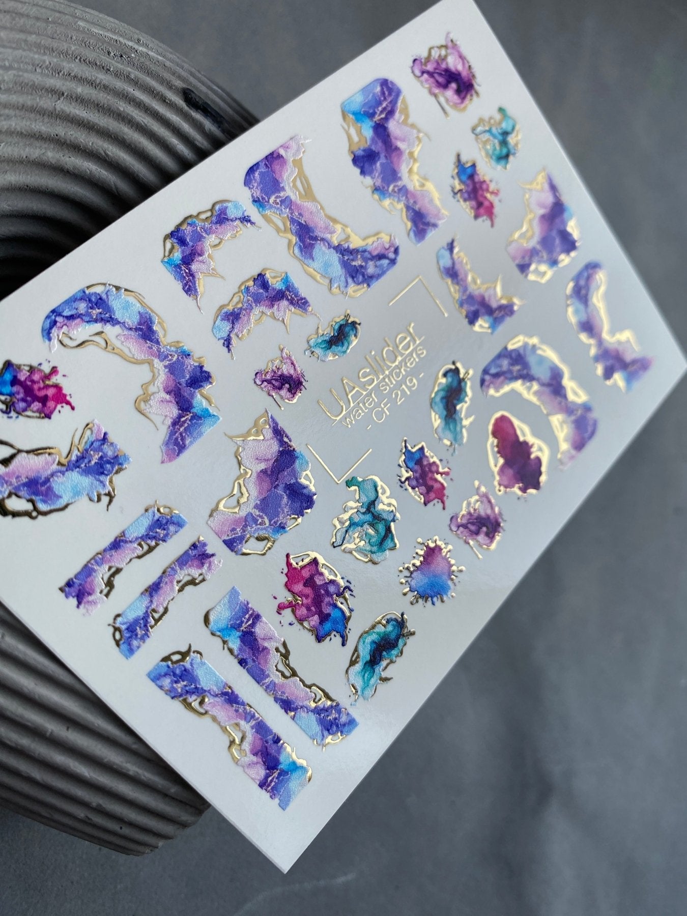 Nail Water Decal CF-219 | Abstract Water Slide Nail Decals | Purple & Blue Ink Effect with Gold - UASLIDER