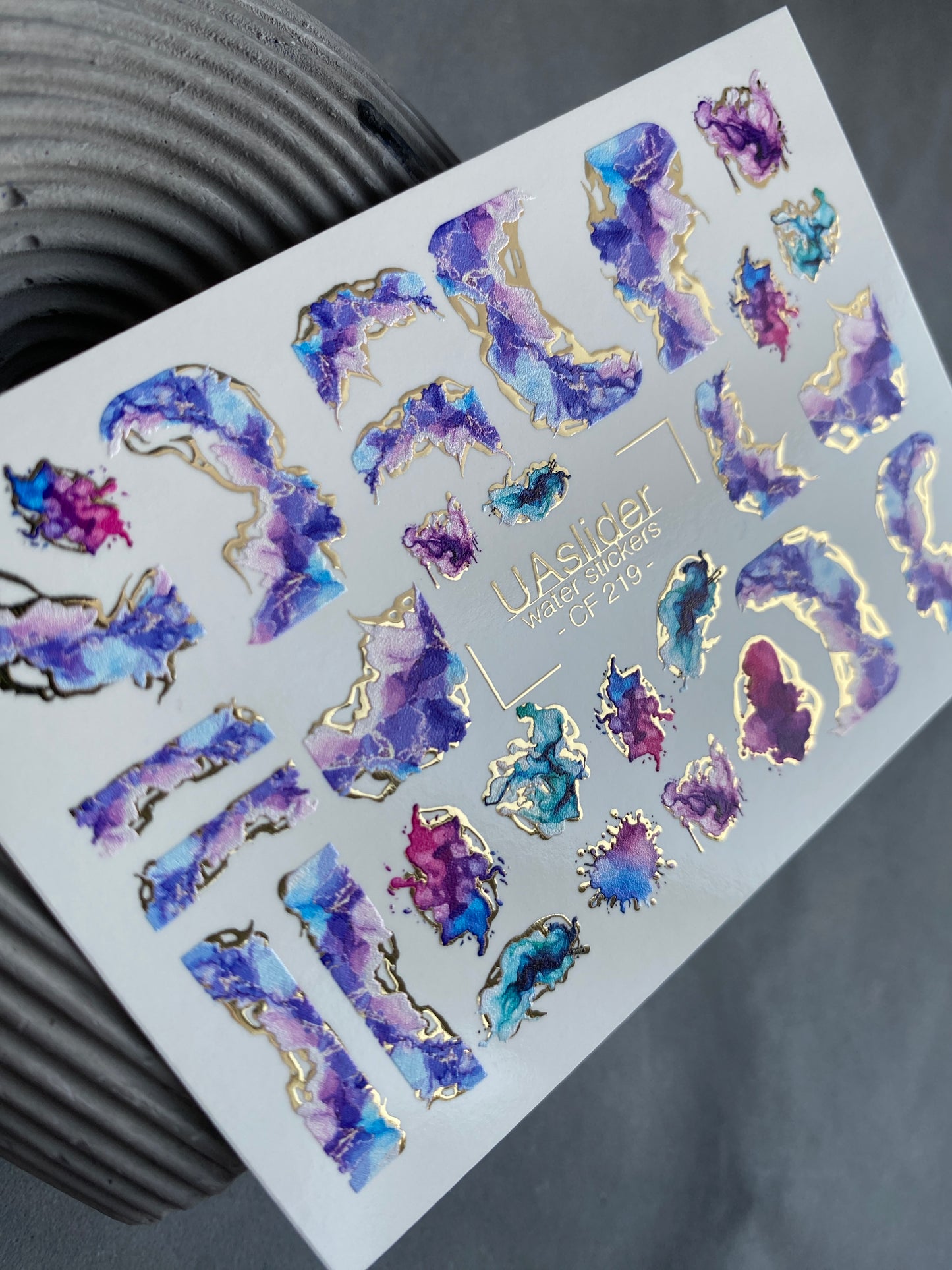 Nail Water Decal CF-219 | Abstract Water Slide Nail Decals | Purple & Blue Ink Effect with Gold