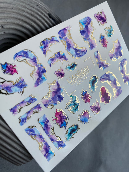 Nail Water Decal CF-219 | Abstract Water Slide Nail Decals | Purple & Blue Ink Effect with Gold