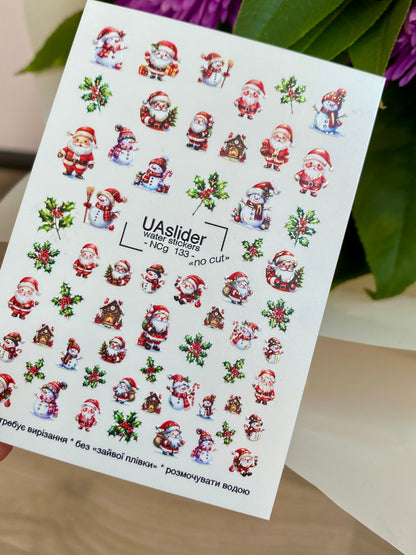 Nail Water Decal NCg-133 | Water Slide Nail Decals with Santa Claus and Snowmen | Christmas Nail Art