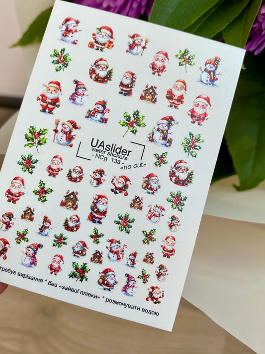 Nail Water Decal NCg-133 | Water Slide Nail Decals with Santa Claus and Snowmen | Christmas Nail Art