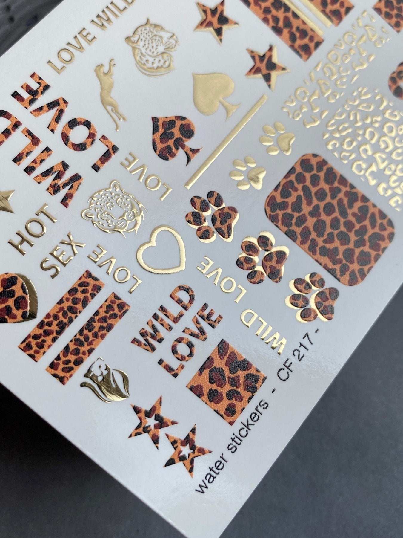 Nail Water Decal CF-217 | Leopard Print Water Slide Nail Decals | Wild Love with Gold Accents - UASLIDER