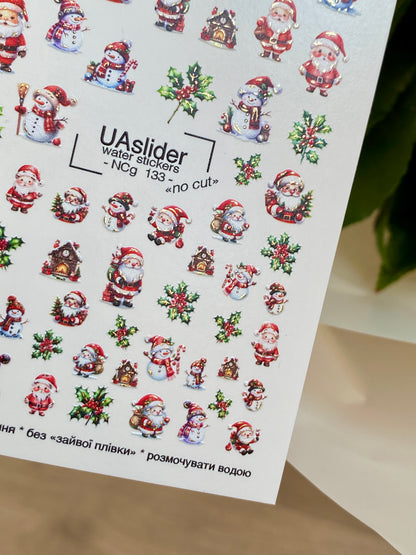 Nail Water Decal NCg-133 | Water Slide Nail Decals with Santa Claus and Snowmen | Christmas Nail Art