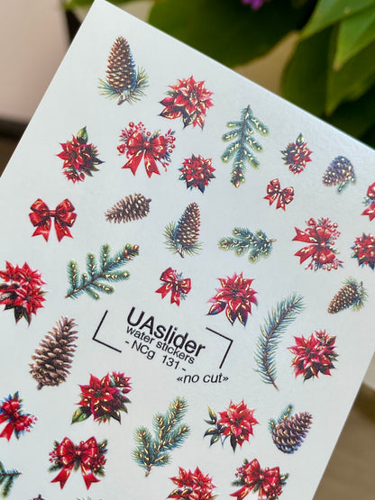 Nail Water Decal NCg-131 | Water Slide Nail Decals with Poinsettias and Pine Cones | Christmas Nail Art