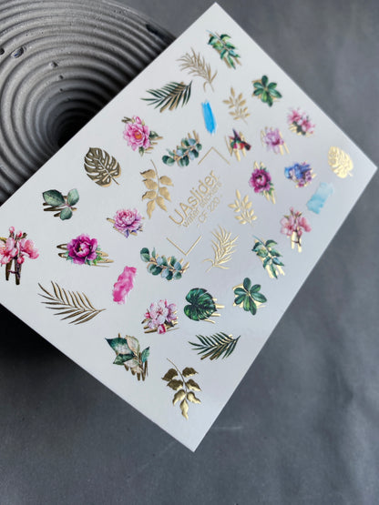 Nail Water Decal CF-220 | Floral Water Slide Nail Decals | Roses, Leaves & Gold Foil