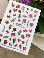 Nail Water Decal NCg-131 | Water Slide Nail Decals with Poinsettias and Pine Cones | Christmas Nail Art