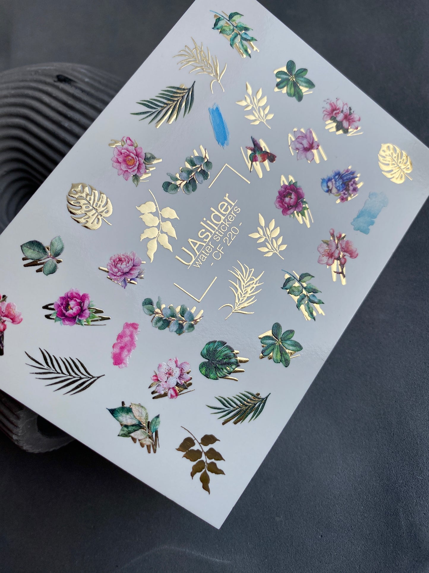 Nail Water Decal CF-220 | Floral Water Slide Nail Decals | Roses, Leaves & Gold Foil