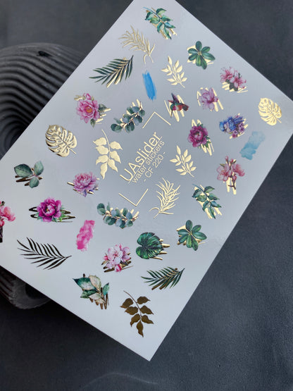 Nail Water Decal CF-220 | Floral Water Slide Nail Decals | Roses, Leaves & Gold Foil