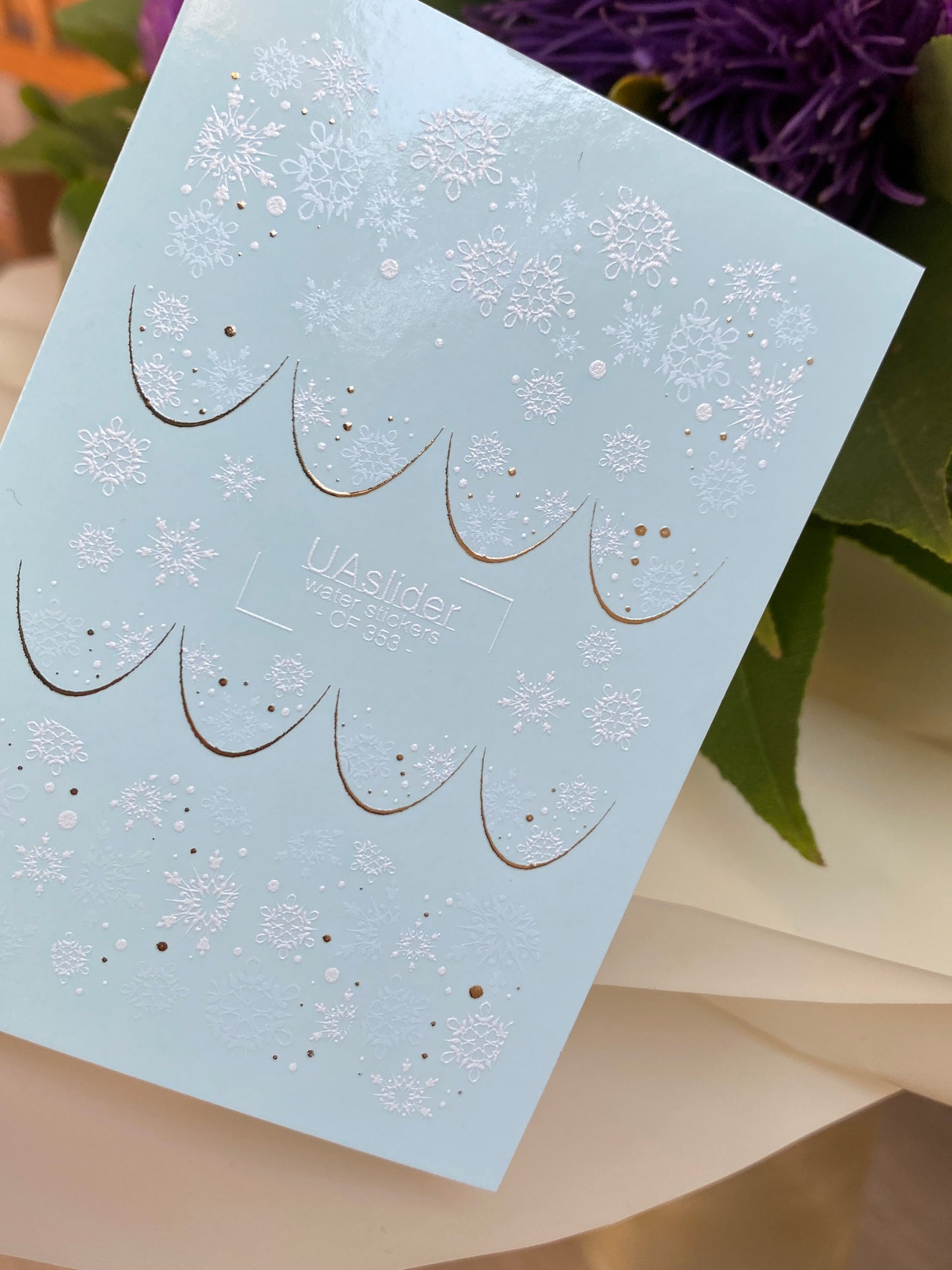 Nail Water Decal CF-353 | Water Slide Nail Decals | Snowflakes French Tips with Gold Accents