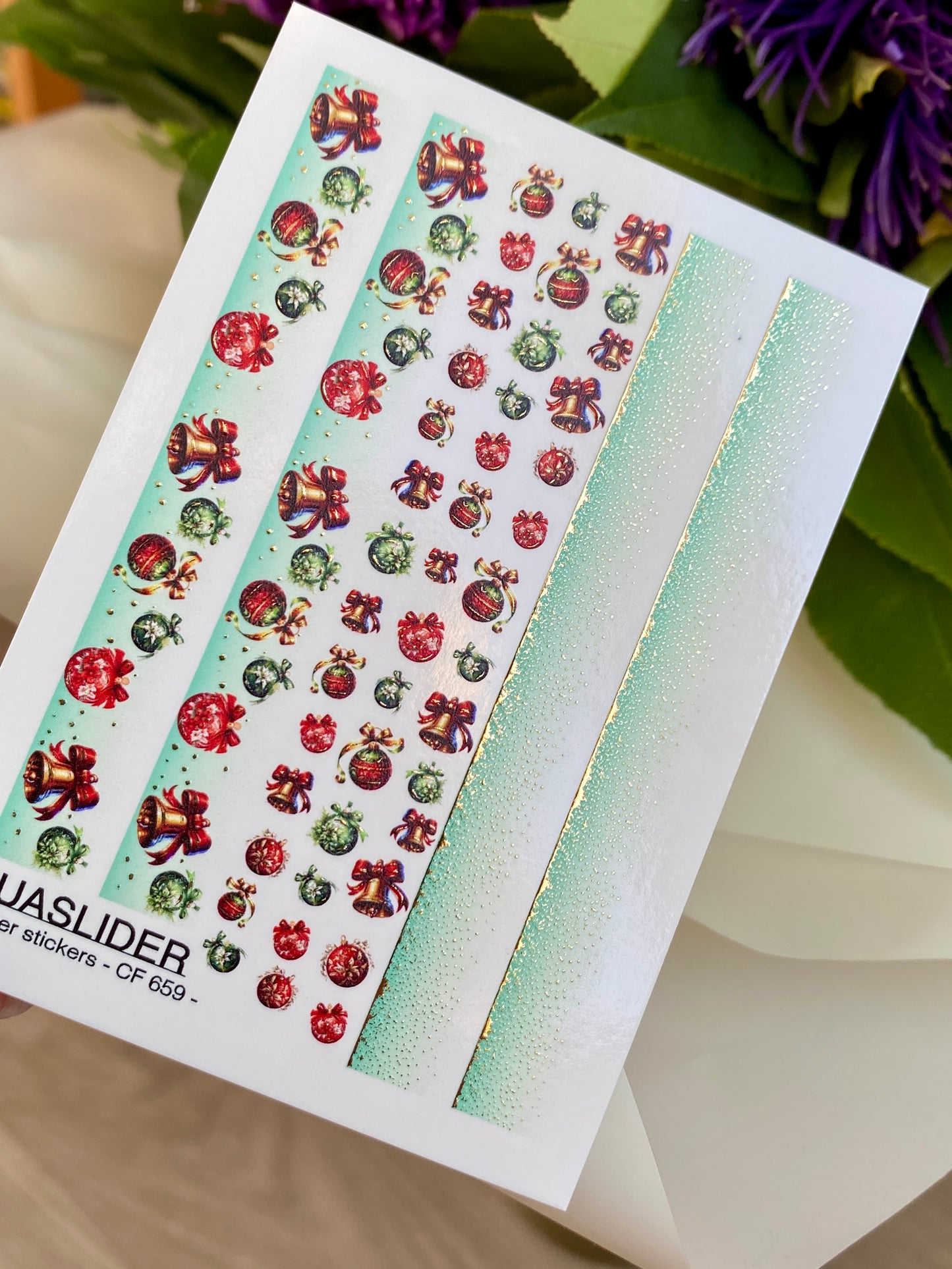 Nail Water Decal CF-659 | Water Slide Nail Decals with Christmas Bells & Ornaments | Festive Gradient Strips