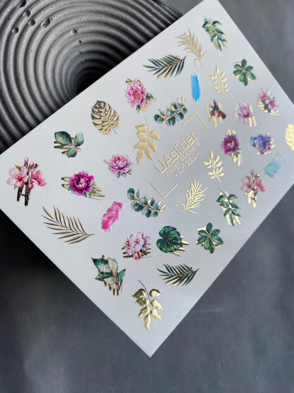 Nail Water Decal CF-220 | Floral Water Slide Nail Decals | Roses, Leaves & Gold Foil