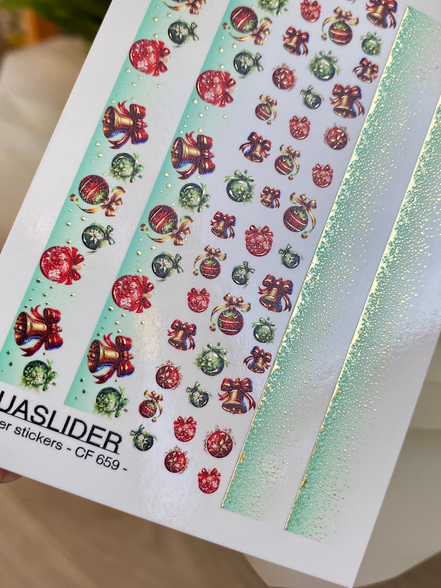 Nail Water Decal CF-659 | Water Slide Nail Decals with Christmas Bells & Ornaments | Festive Gradient Strips