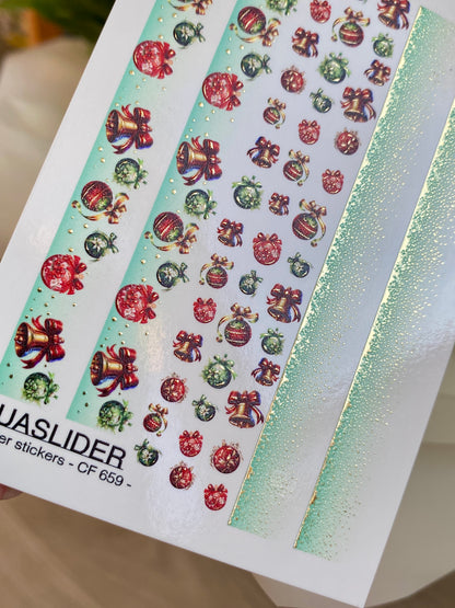 Nail Water Decal CF-659 | Water Slide Nail Decals with Christmas Bells & Ornaments | Festive Gradient Strips