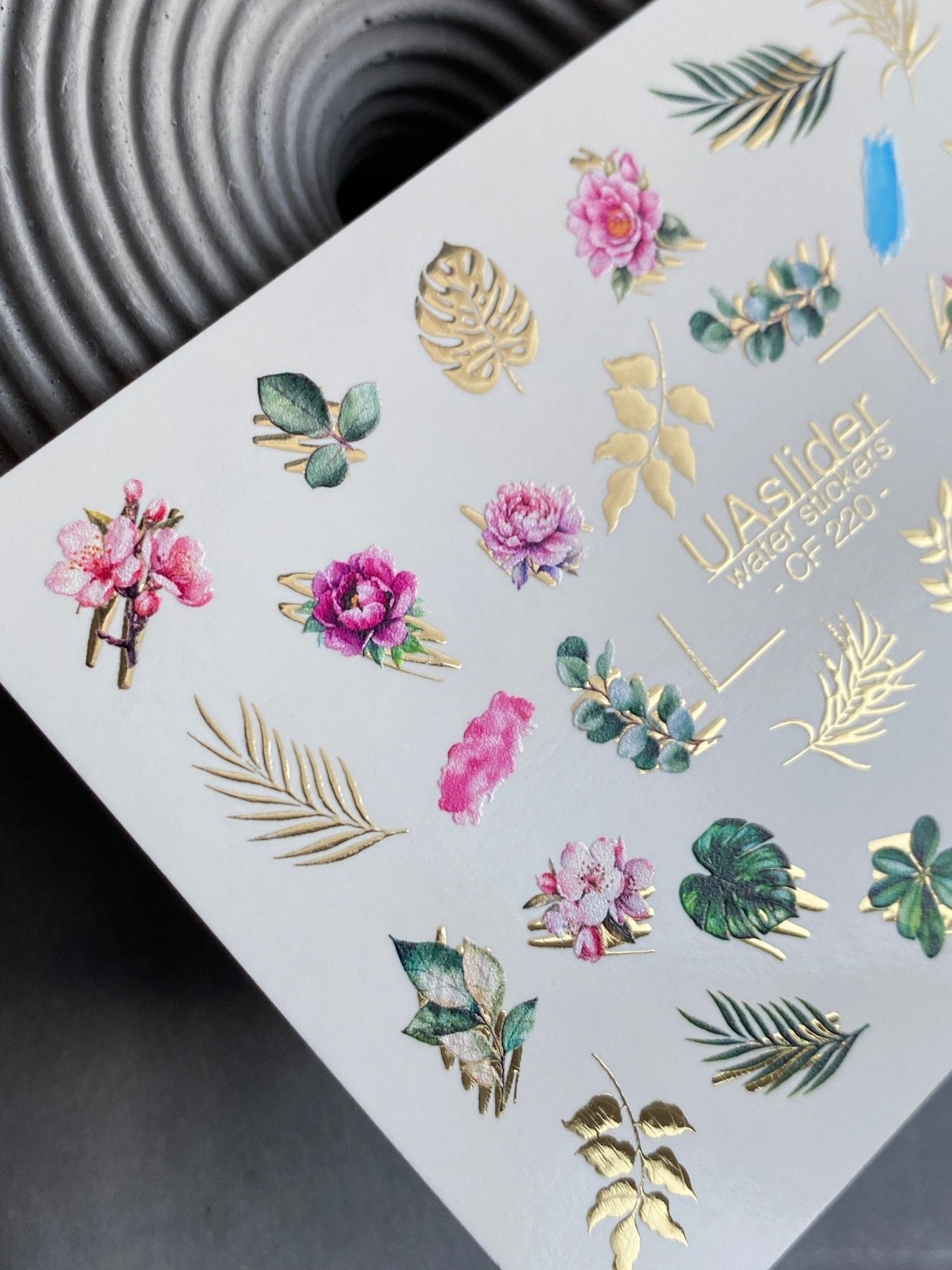 Nail Water Decal CF-220 | Floral Water Slide Nail Decals | Roses, Leaves & Gold Foil - UASLIDER