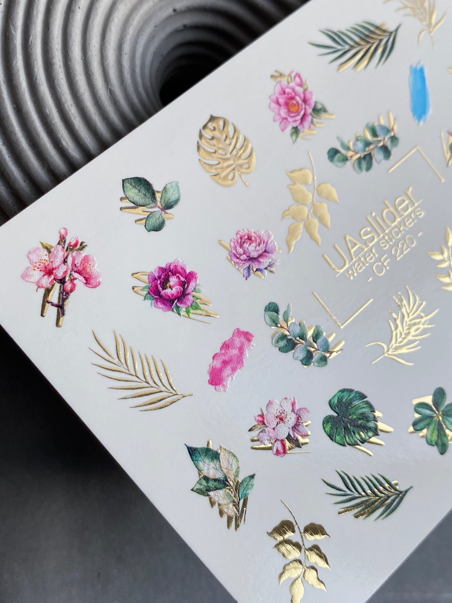 Nail Water Decal CF-220 | Floral Water Slide Nail Decals | Roses, Leaves & Gold Foil