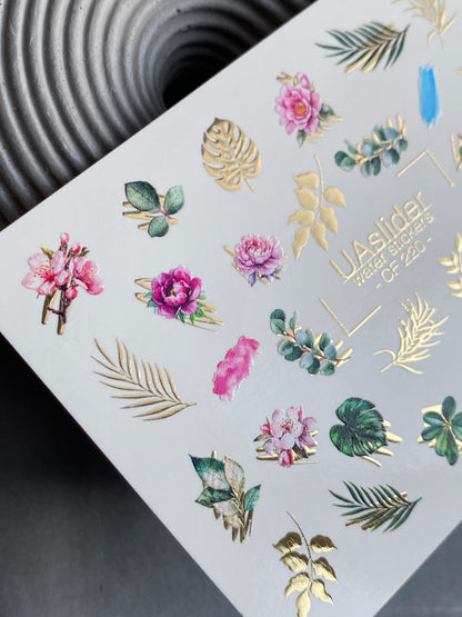 Nail Water Decal CF-220 | Floral Water Slide Nail Decals | Roses, Leaves & Gold Foil
