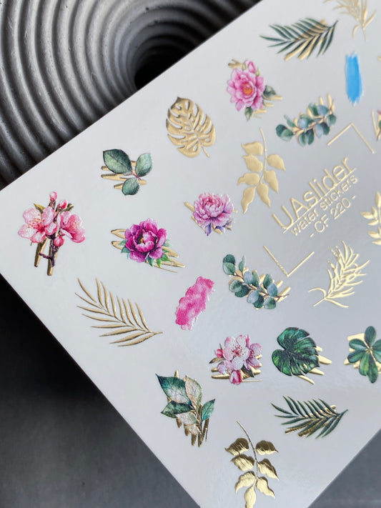 Nail Water Decal CF-220 | Floral Water Slide Nail Decals | Roses, Leaves & Gold Foil