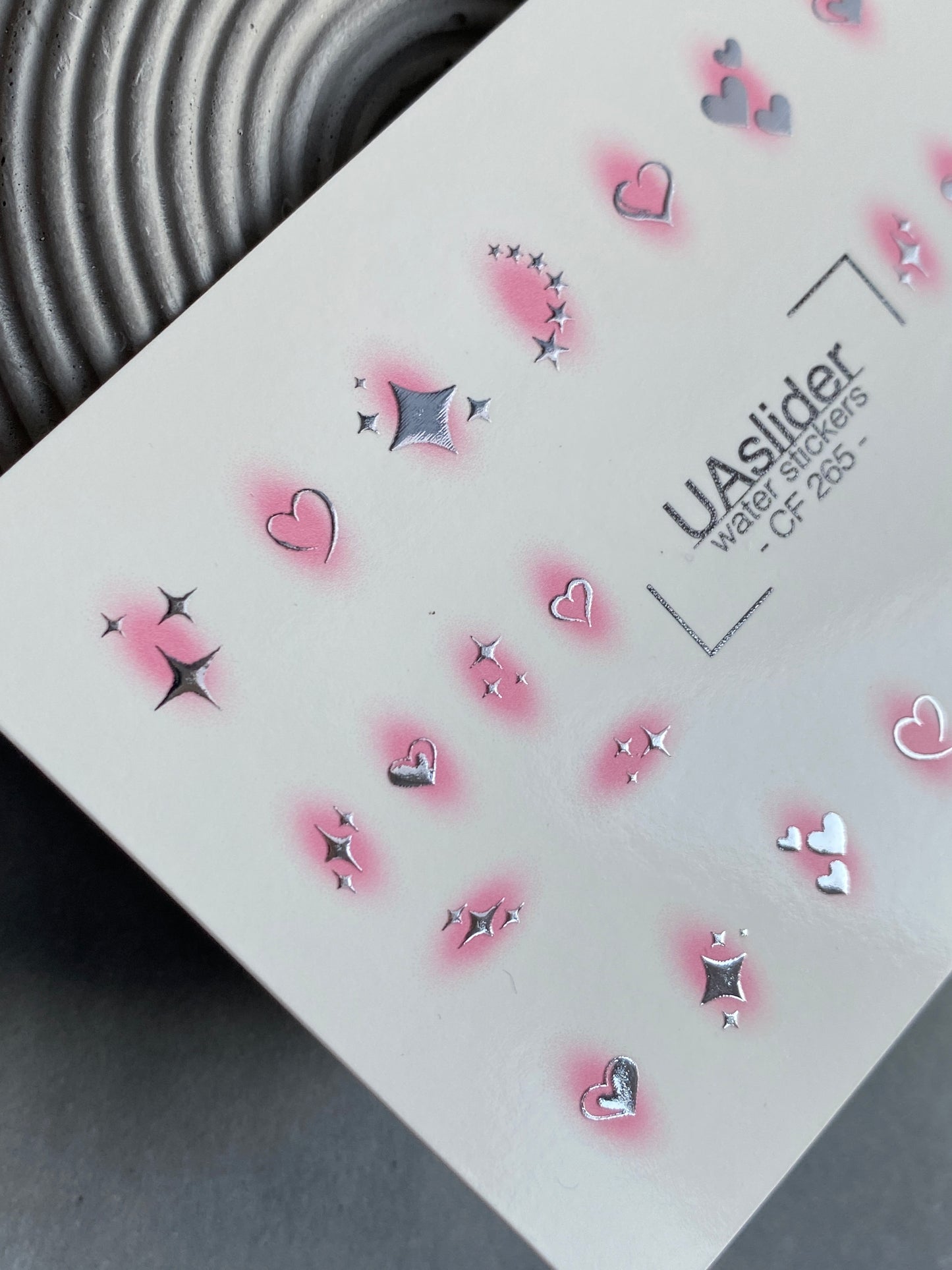 Nail Water Decal CF-265 | Water Slide Nail Decals | Silver Hearts & Stars with Pink Glow
