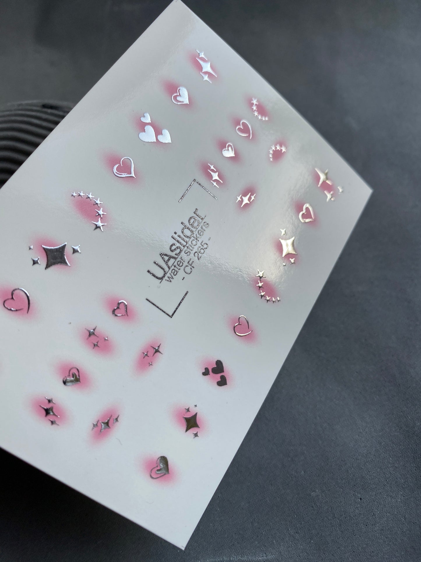 Nail Water Decal CF-265 | Water Slide Nail Decals | Silver Hearts & Stars with Pink Glow