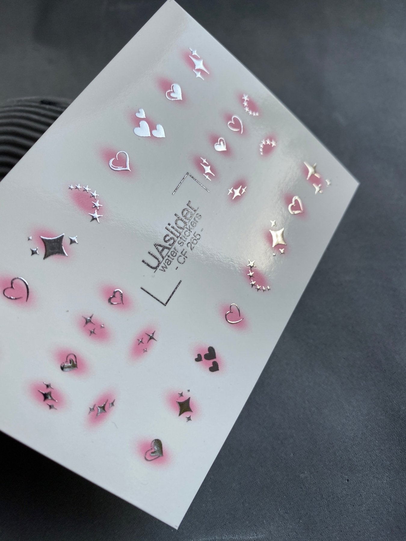 Nail Water Decal CF-265 | Water Slide Nail Decals | Silver Hearts & Stars with Pink Glow - UASLIDER