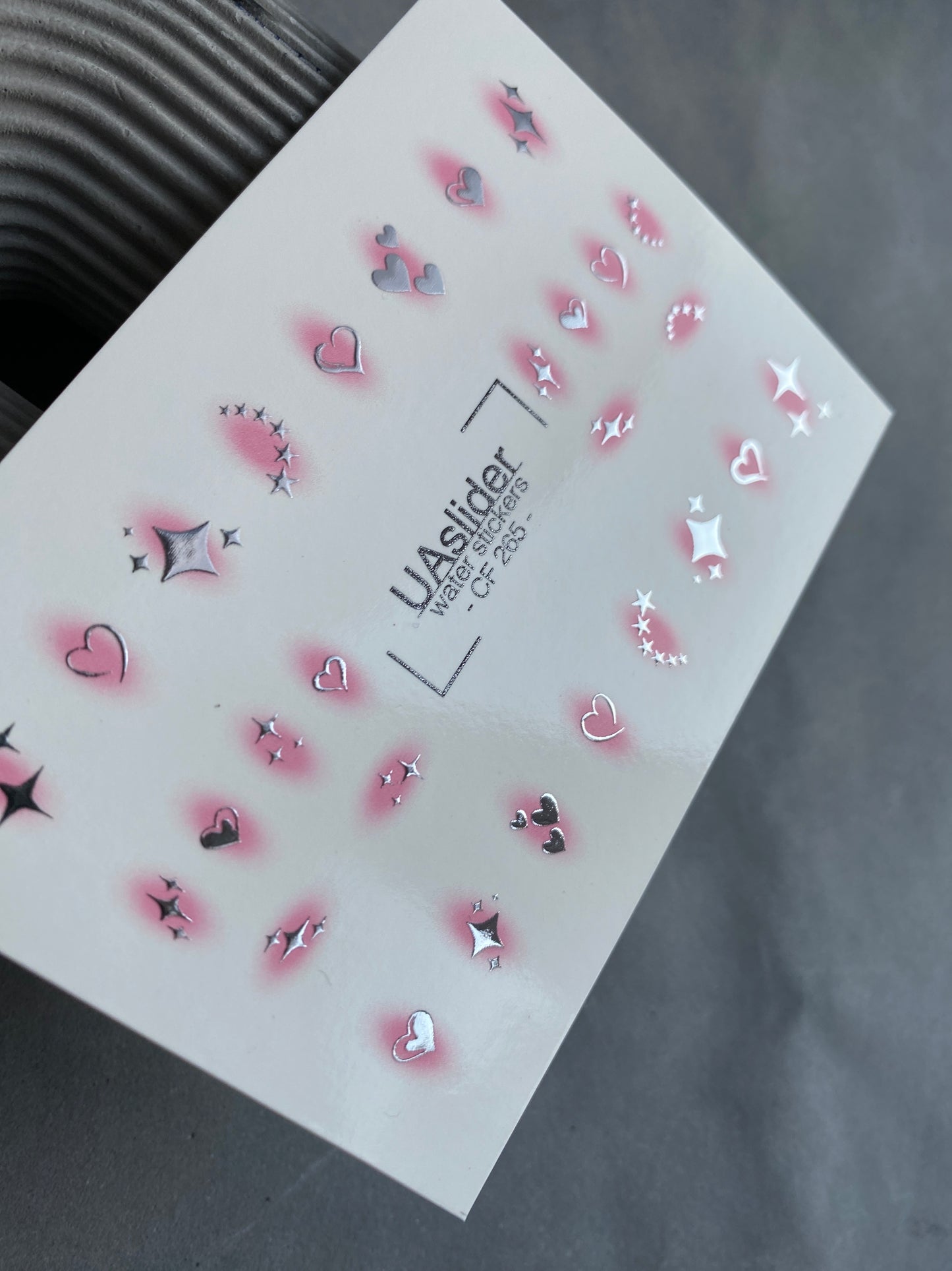 Nail Water Decal CF-265 | Water Slide Nail Decals | Silver Hearts & Stars with Pink Glow