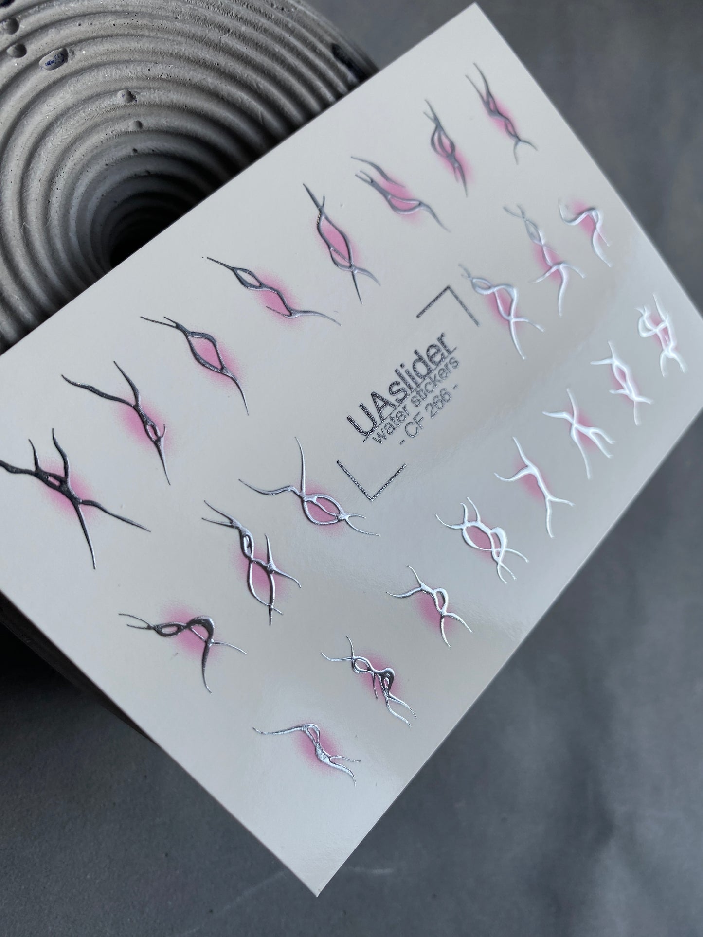 Nail Water Decal CF-266 | Abstract Water Slide Nail Decals | Black & Silver Wave Lines with Pink Glow