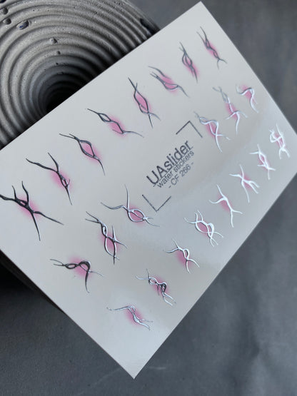 Nail Water Decal CF-266 | Abstract Water Slide Nail Decals | Black & Silver Wave Lines with Pink Glow