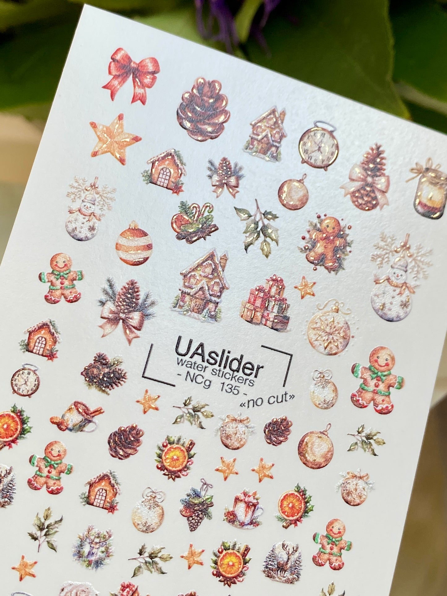 Nail Water Decal NCg-135 | Water Slide Nail Decals with Gingerbread and Christmas Ornaments | Cozy Holiday Nail Art