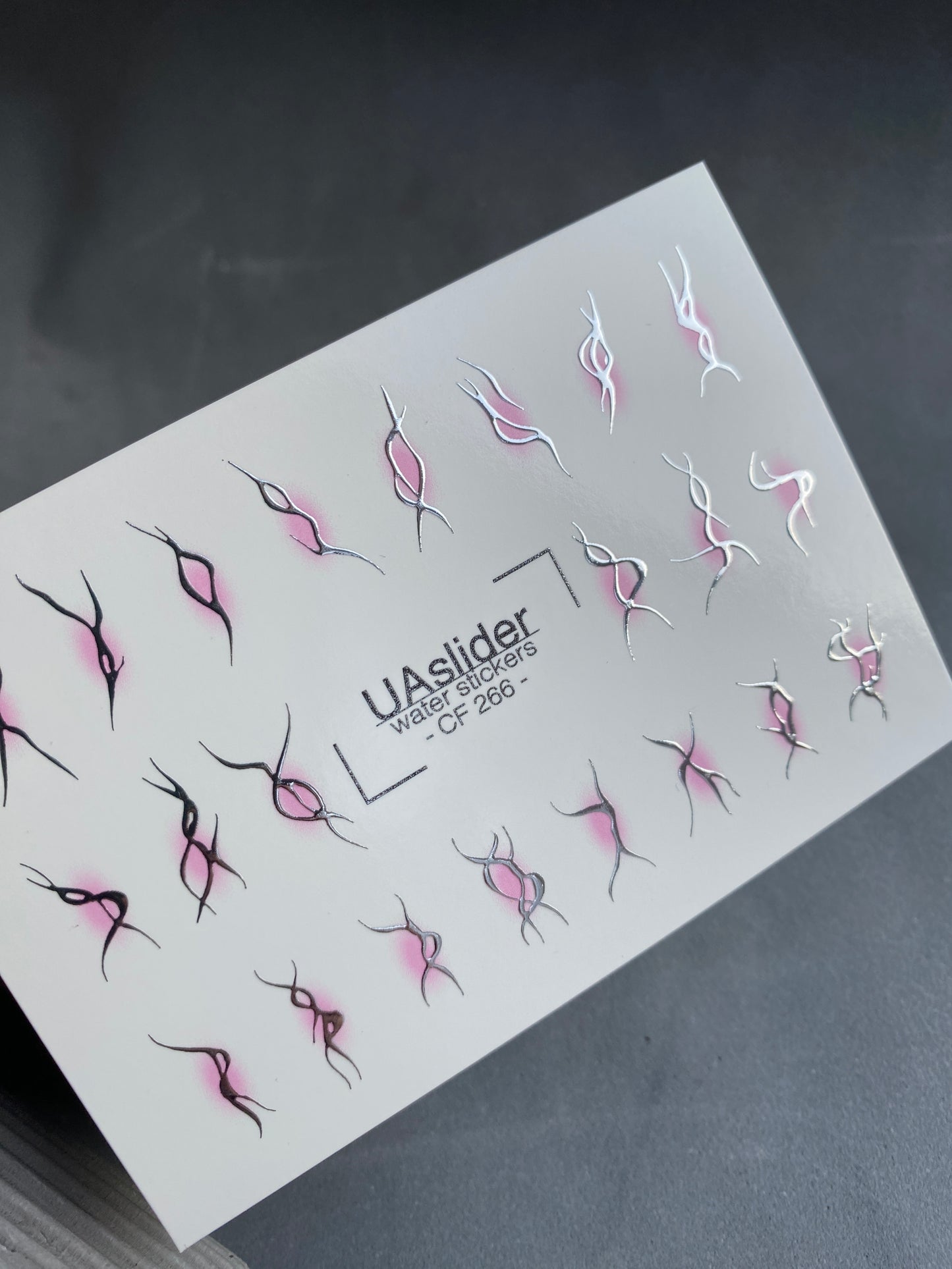 Nail Water Decal CF-266 | Abstract Water Slide Nail Decals | Black & Silver Wave Lines with Pink Glow