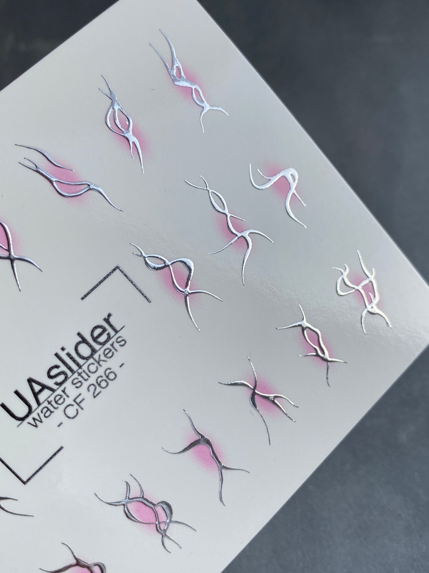 Nail Water Decal CF-266 | Abstract Water Slide Nail Decals | Black & Silver Wave Lines with Pink Glow