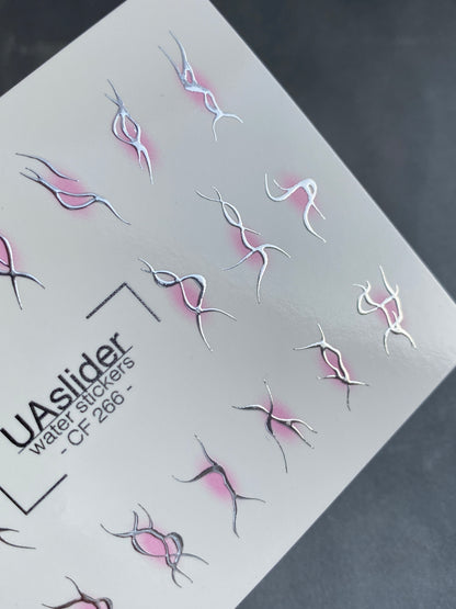 Nail Water Decal CF-266 | Abstract Water Slide Nail Decals | Black & Silver Wave Lines with Pink Glow