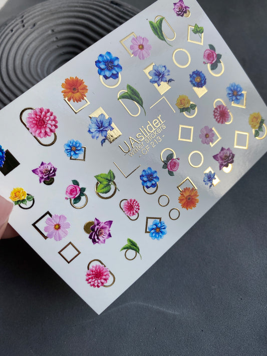 Nail Water Decal CF-213 | Nail Water Decals | Colorful Flowers & Geometric Frames