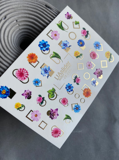 Calcomanía de Agua para Uñas CF-213 | Calcomanías de Agua para Uñas | Flores Coloridas y Marcos Geométricos