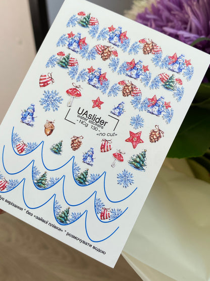 Nail Water Decal NCg-130 | Water Slide Nail Decals with Snowmen and Christmas Trees | Festive Winter Nail Art