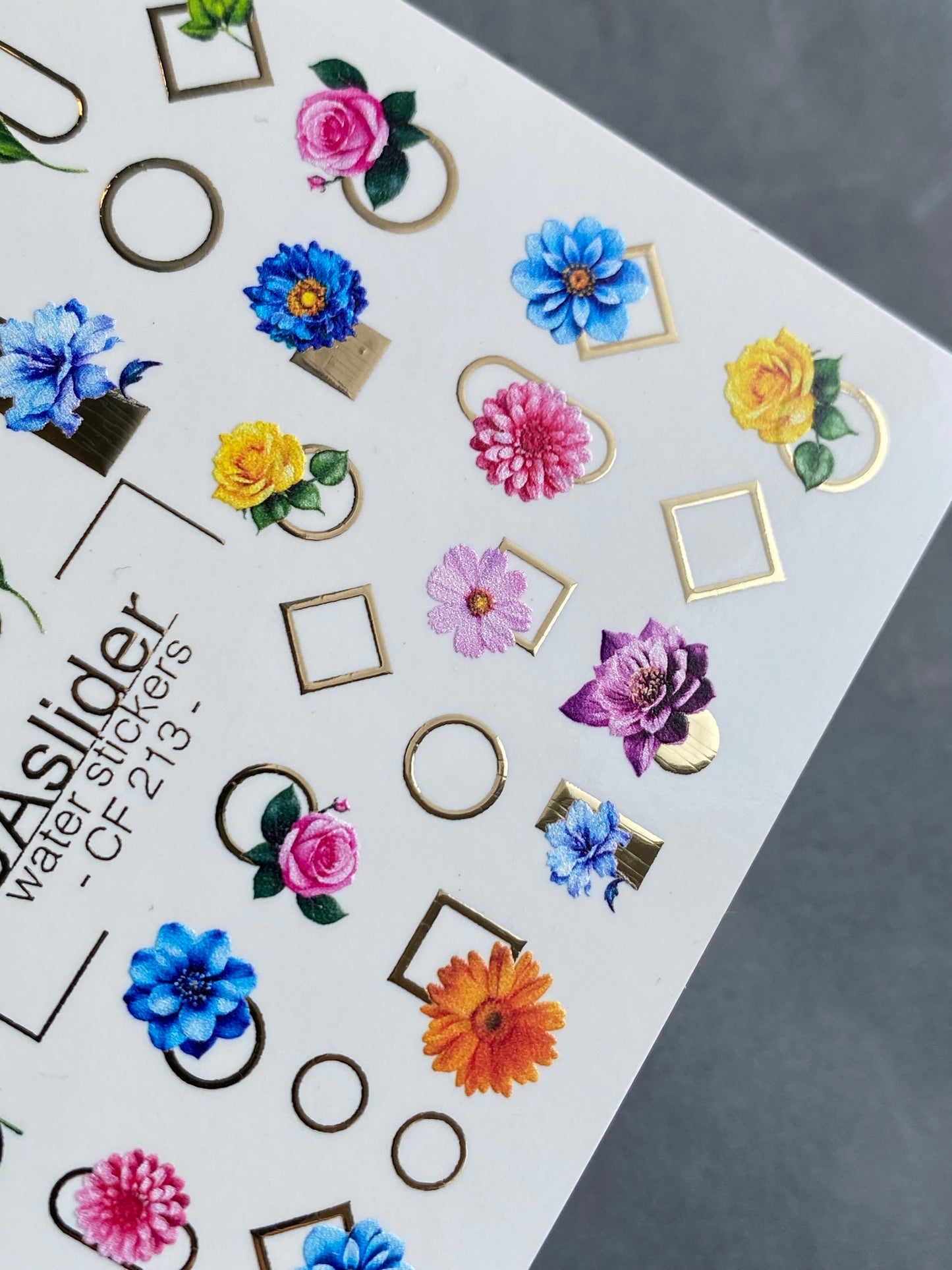 Calcomanía de Agua para Uñas CF-213 | Calcomanías de Agua para Uñas | Flores Coloridas y Marcos Geométricos