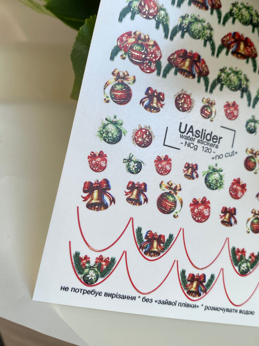 Nail Water Decal NCg-120 | Water Slide Nail Decals with Christmas Ornaments | Festive Holiday Nail Art