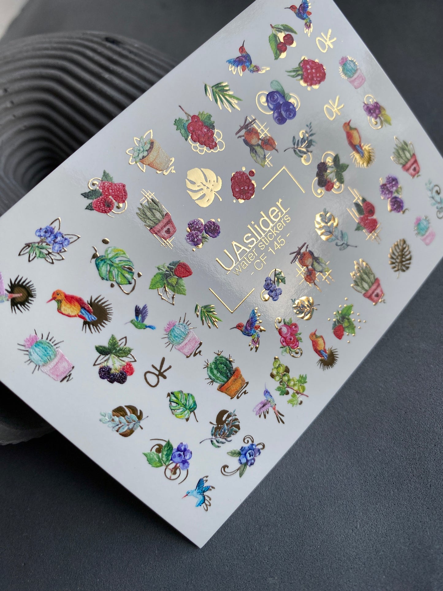 Nail Water Decal CF-145 | Fruit & Cactus Water Slide Nail Decals | Hummingbirds & Gold Foil Details