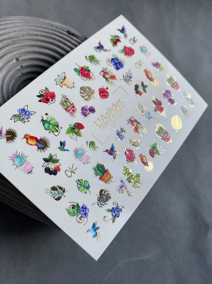 Nail Water Decal CF-145 | Fruit & Cactus Water Slide Nail Decals | Hummingbirds & Gold Foil Details