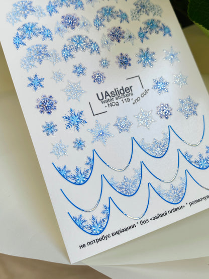 Nail Water Decal NCg-119 | Water Slide Nail Decals with Blue Snowflakes | Winter Nail Art