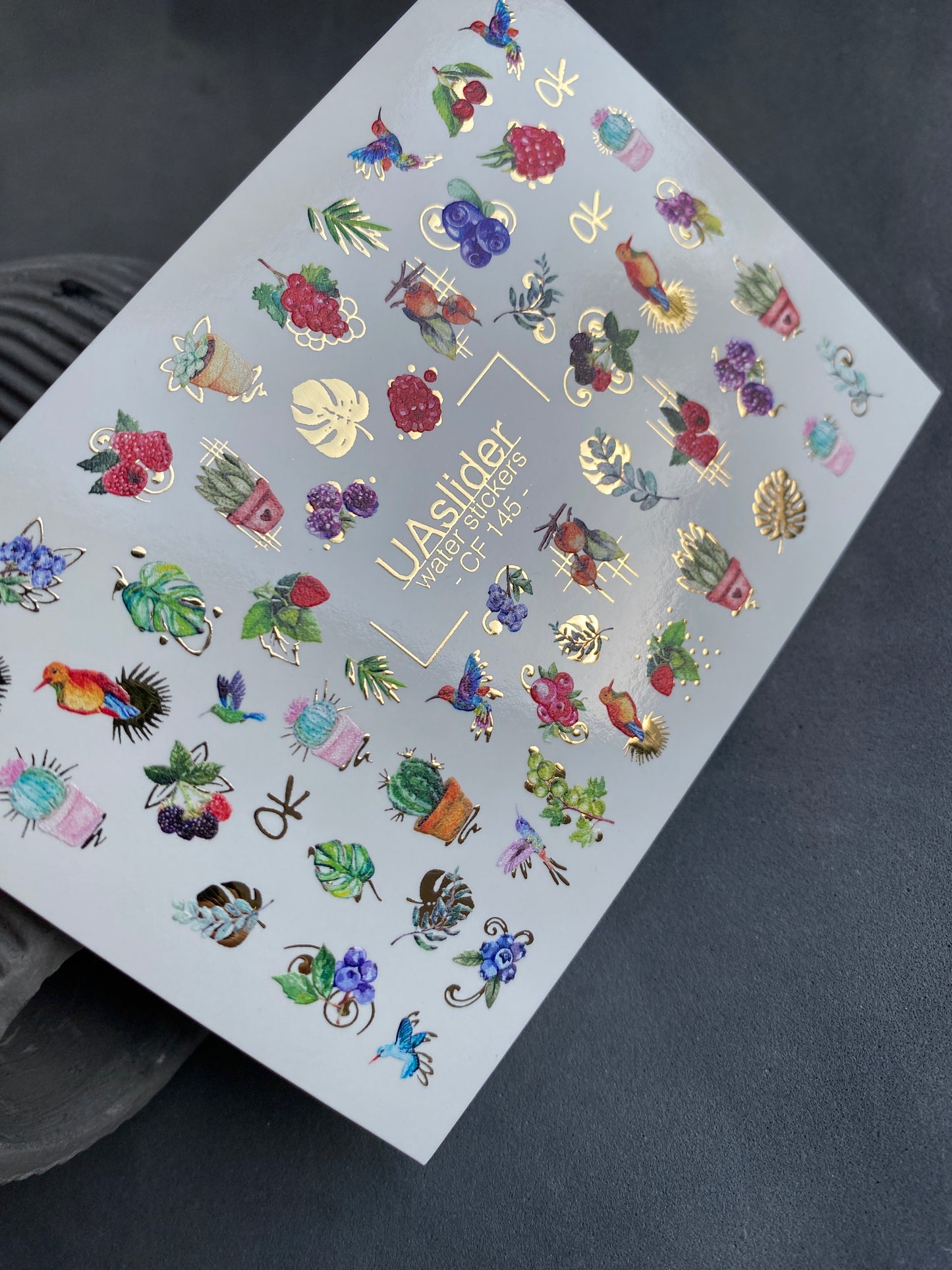 Nail Water Decal CF-145 | Fruit & Cactus Water Slide Nail Decals | Hummingbirds & Gold Foil Details