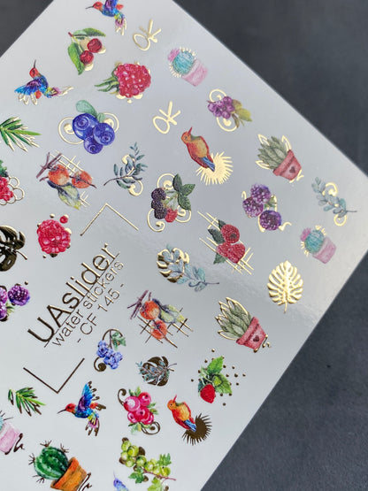 Nail Water Decal CF-145 | Fruit & Cactus Water Slide Nail Decals | Hummingbirds & Gold Foil Details