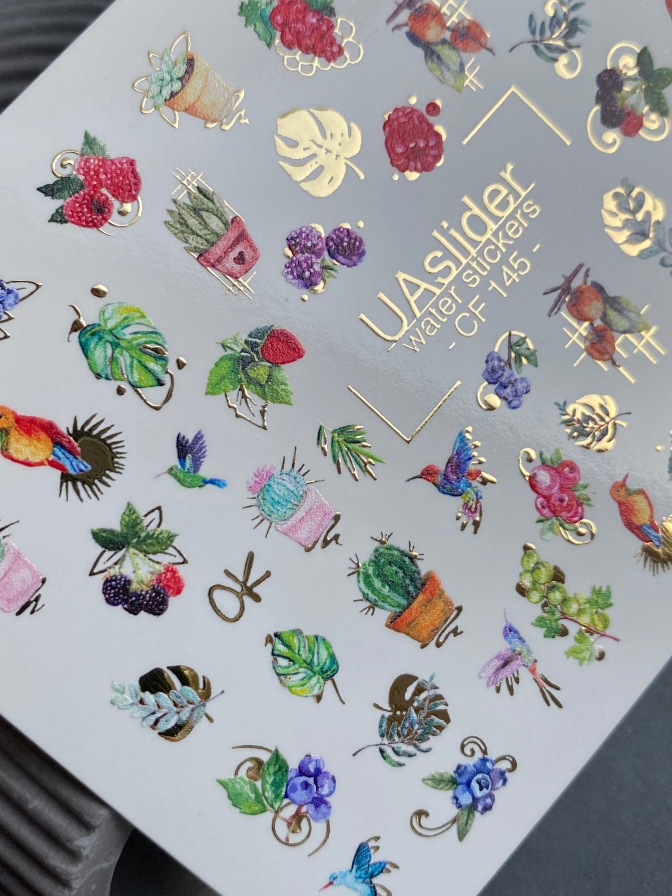 Nail Water Decal CF-145 | Fruit & Cactus Water Slide Nail Decals | Hummingbirds & Gold Foil Details - UASLIDER