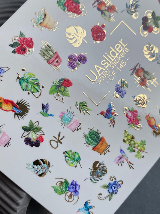 Nail Water Decal CF-145 | Fruit & Cactus Water Slide Nail Decals | Hummingbirds & Gold Foil Details