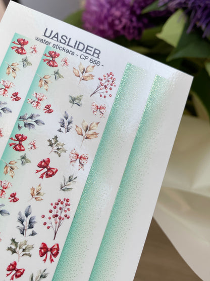 Nail Water Decal CF-656 | Water Slide Nail Decals with Christmas Bows & Winter Leaves | Festive Holiday Strips
