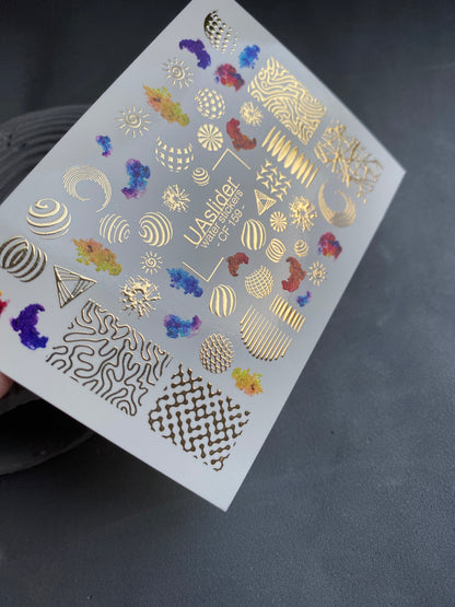 Nail Water Decal CF-159 | Abstract Geometric Water Slide Nail Decals | Modern Shapes & Gold Foil Accents